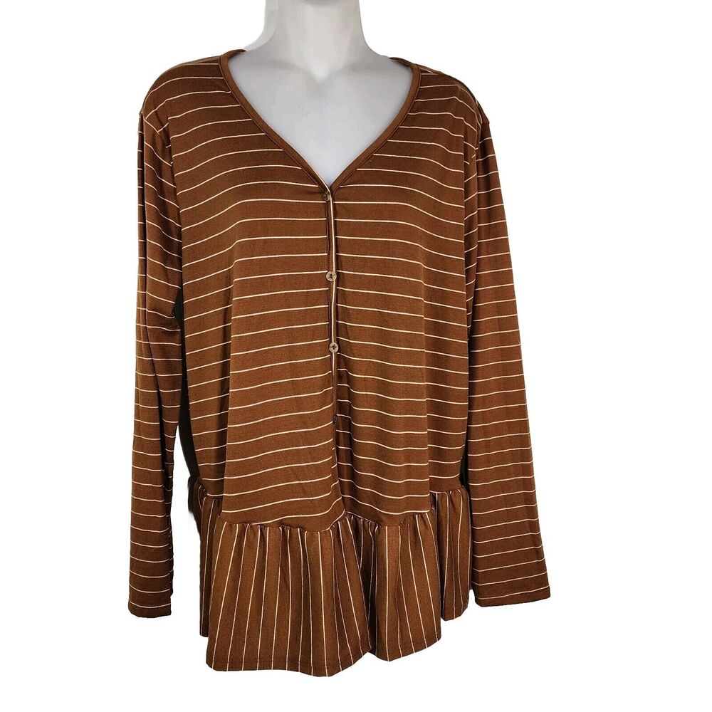 Pink Blush Womens Top Large Button V Neck Brown Striped Peplum Hem Long Sleeve - Picture 1 of 8
